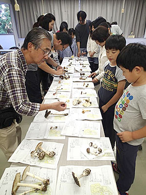 みんなで採れたきのこを前に鑑定会