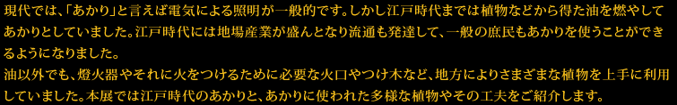 現代では、「あかり」と言えば電気による照明が一般的です。しかし江戸時代までは植物などから得た油を燃やしてあかりとしていました。江戸時代には地場産業が盛んとなり流通も発達して、一般の庶民もあかりを使うことができるようになりました。油以外でも、燈火器やそれに火をつけるために必要な火口やつけ木など、地方によりさまざまな植物を上手に利用していました。本展では江戸時代のあかりと、あかりに使われた多様な植物やその工夫をご紹介します。
