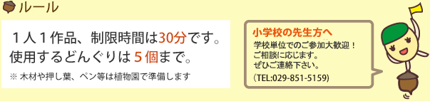 ルール：1人1作品、制限時間は一時間です。使用するどんぐりは5個まで。※木材や押し葉、ペン等は植物園で準備します[小学校の先生方へ]学校単位でのご応募大歓迎！締切などのご相談に応じます。ぜひご連絡下さい。TEL:029-851-5159