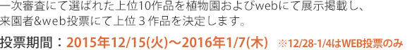 一次審査にて選ばれた上位10作品を植物園およびwebにて展示掲載し、来園者投票&web投票にて上位３作品を決定します。投票期間は2012年12月6日金曜から12月15日日曜までです