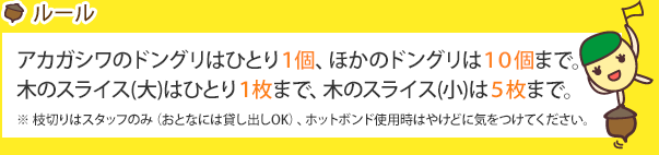 アカガシワのドングリはひとり1個、ほかのドングリは10個まで。　木のスライス(大)はひとり1枚まで、木のスライス(小)は５枚まで。枝切りはスタッフのみ（おとなには貸し出しOK）、ホットボンド使用時はやけどに気をつけてください。